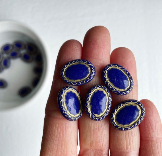 Royal Blue Gold Acrylic Oval Beads Carved Etched 18mm 14