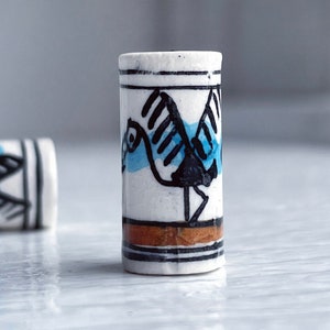 Hand Painted Peruvian Ceramic Porcelain Oval Barrel Beads White Brown Blue Bird Creature 18x8mm (6)