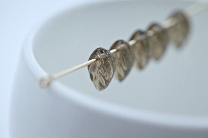 Pressed Czech Glass Gray Grey Gold Leaf Beads Pendant 11mm 20