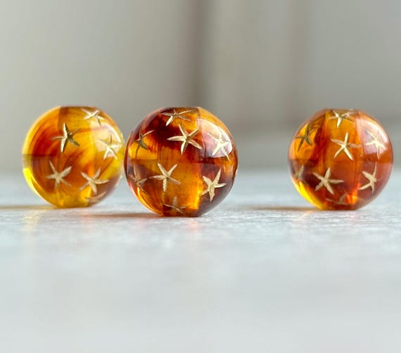 Tortoise Topaz Gold Star Acrylic Round Beads Tortoiseshell 10mm (20)