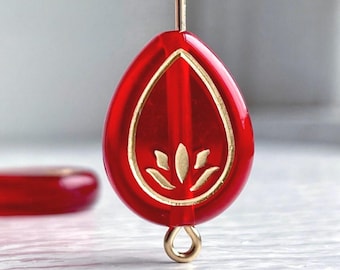 Red Gold Acrylic Drop Teardrop Beads Lotus Flower 17mm (10 Beads)