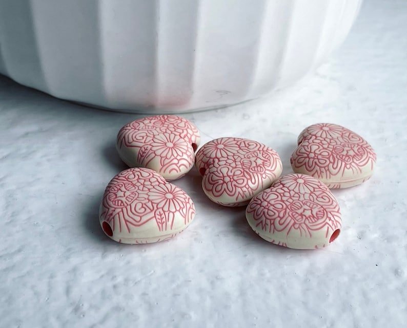 Pink Ivory Etched Heart Opaque Acrylic Beads 16mm 8 image 6