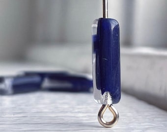 Vintage Czech Glass Beads Deep Blue Clear Marbled Oval Tube Beads Givre 14mm (14)