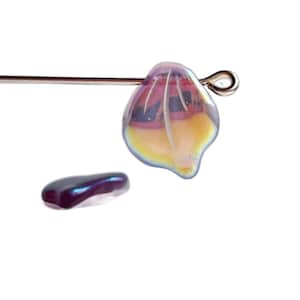Vintage Czech Glass Leaf Pendant Beads Amethyst Vitrail AB Finish 14x12mm (10)