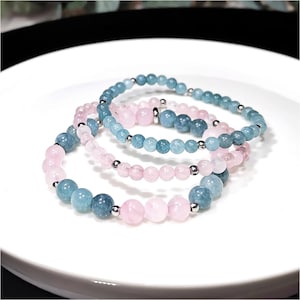 Rose quartz aquamarine gemstone bracelet set with stainless steel beads, stacking bracelets, teens, women, friendship bracelet, multicolored
