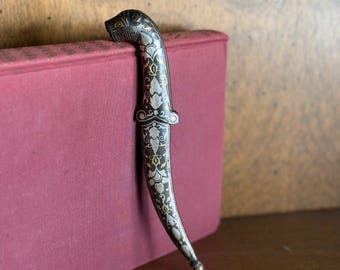 Indian Decor Bidri Dagger with Tiger Head Handle, Silver Inlay Knife and Sheath