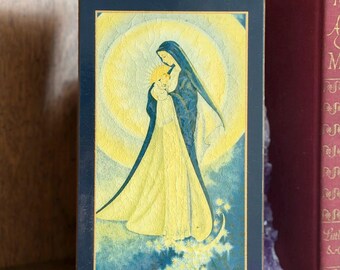 Vintage Madonna and Child Wood Plaque, Mid Century Crackle Finish Religious Wall Art, Virgin Mary Print in Navy and Yellow