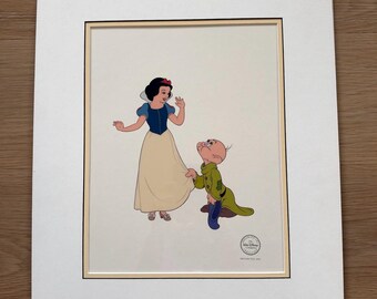 Snow White and Dopey Serigraph Cel, Walt Disney Limited Edition Sericel 2500, Matted Animation Art, Vintage 1990s