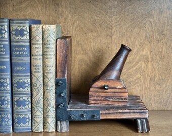 Wood Cannon Bookend, Vintage Hand Carved Black Forest Style Cannon with Metal Studs, Rustic Cabin Decor, Lodge Bookshelf Decor, Desk Accent