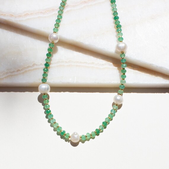 Green Aventurine Necklace, Freshwater Pearls, Crystal Choker, Crystal of Luck