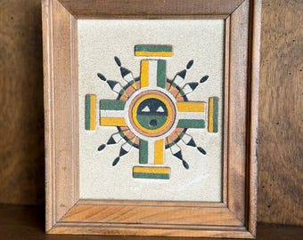 Vintage Wall Art, Framed Southwestern Sand Painting, Sun Symbol Drawing Water