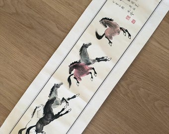 Vintage Wall Art, Chinese Horse Scroll Painting, Galloping Horses Ink Wash
