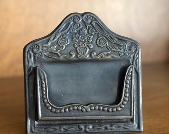 Art Nouveau Decor Bronze Business Card Holder, Vintage Desk Stand with Floral Relief