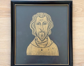 Vintage Wall Art Framed Brass Rubbing, Gold on Black, James de Holveston 1378
