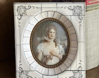 Antique Miniature Portrait Painting of a Lady in Ornate Frame with Brass Bezel