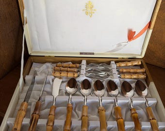 Vintage Flatware Set with Bamboo Handles, Boxed Sato Shoji Stainless Made in Japan