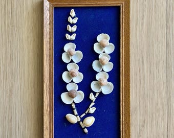 Seashell Shadow Box, Vintage Seashell Art Flowers on Blue Velvet, Framed Handmade Shell Art, Coastal Wall Decor, Beach House Wall Hanging