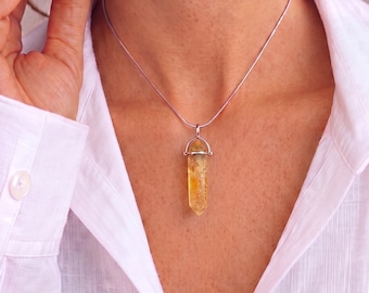 Natural Citrine Necklace, 925 Sterling Silver Crystal Point Pendant, Yellow Gemstone Jewelry, November Birthstone Gift