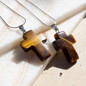 Tiger&#39;s Eye Cross Necklace: Sterling Silver Plated Chain, Handmade Pendant