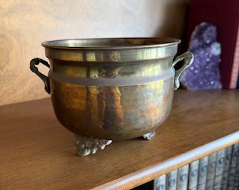 Vintage Brass Planter, Footed Cachepot Jardiniere with Scroll Handles, Antique Gold