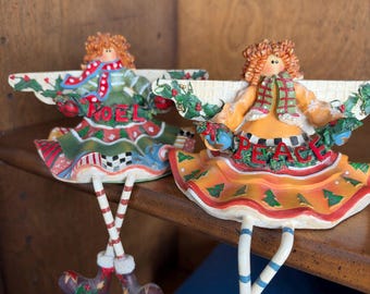 Vintage Resin Angel Shelf Sitters Pair, Noel and Peace Christmas Figurines with Dangling Legs, Holly Wings, Whimsical Holiday Mantel Decor