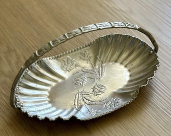Farber and Shlevin Aluminum Basket, Vintage 1940s Hand Wrought Rose Handle Tray, Bread Basket, Fruit Bowl, Mid Century Serving Tray
