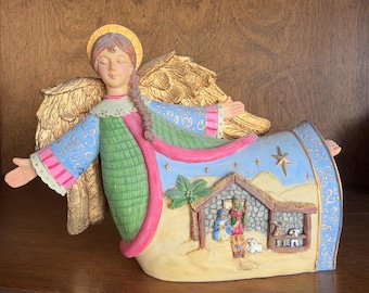 Christmas Angel Figurine, Vintage Resin Nativity Angel with Antique Gold Wings