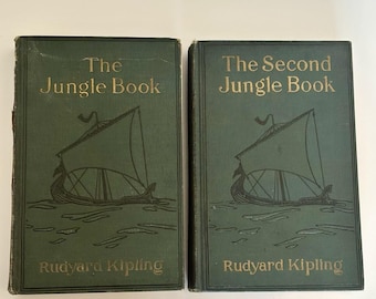 Rudyard Kipling Books, 1922 Jungle Book Set, Jungle Book and Second Jungle Book, Antique Doubleday Page Hardcovers, Classic Literature