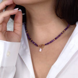 Amethyst Beaded Choker Necklace, Dainty Gemstone Necklace, Purple Crystal Choker for Women, Pearl Beaded Jewelry