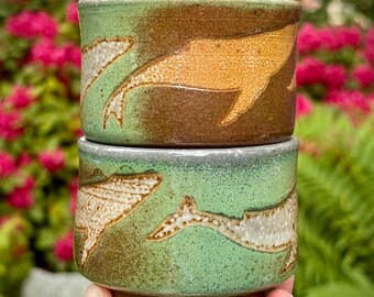 Pair of Nesting Humpback Tumblers, holds 6oz each, handmade, blue green brown, soda fired