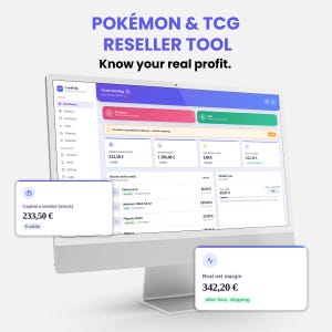 May include: A computer monitor displaying the CardFolio dashboard interface for Pokémon and TCG resellers. The screen shows financial data including capital invested, revenue, and real net margin in Euros, with text reading POKÉMON & TCG RESELLER TOOL.
