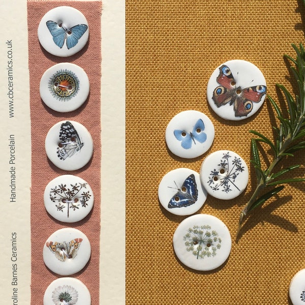 Set of 6 botanical and butterfly porcelain buttons 2.3cm in diameter