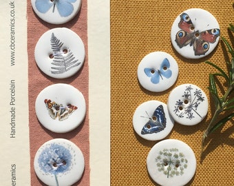 Lot de 5 boutons papillon et botanique en porcelaine de 3 cm de diamètre