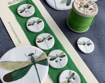 Porcelain green dragonfly buttons (6)
