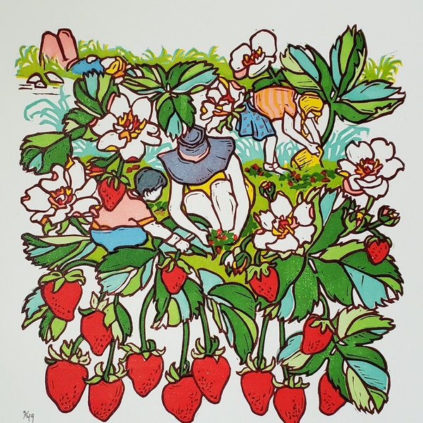 Strawberry Fields Forever Linocut Mothers Day Art Print, Baby Girl Nursery Wall Art, Original Artwork Kitchen Wall Decor, Art Gifts for Mom