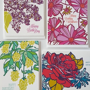 Assortiment de cartes d'anniversaire botaniques, cartes de voeux d'anniversaire faites main, coffret de cartes d'anniversaire pour femme, ensemble de cartes de joyeux anniversaire linogravure