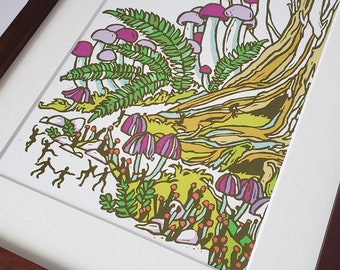 Kleine paddestoel kunstprint, 8,5 x 11 kleine muur kunst herfst decor, originele linosnede print reproductie, paddestoel boom sprookjesland scène kunstwerk