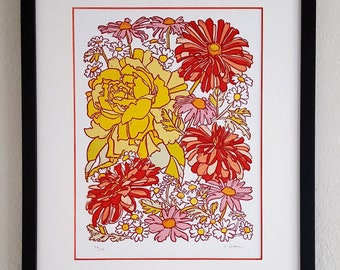 Gele roos en rode bloemen Mission Style linosnede, ambachtelijke stijl muurkunst onder de 100, ingelijste botanische linodruk slaapkamerkunstwerk