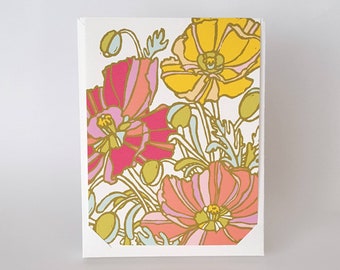 Poppy Flower Blank Note Cards with Envelopes, Floral Linocut Nature Notecard Set, Letter Writing Greeting Card Set, Blank Card Set