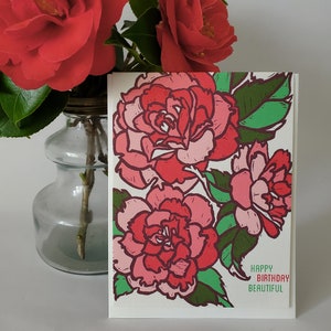 Fijne verjaardag mooie kaart voor zus, camelia bloemen verjaardagskaart voor moeder, verjaardagswenskaart voor vrouw, handgemaakte verjaardagskaart