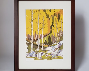 Small Art Print Fall Landscape, 8x10 Small Wall Art Fall Décor, Original Linocut Print Reproduction, Aspen Tree Mountain Scene Artwork