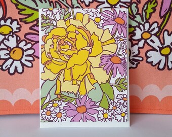 Gelbe Rose Botanische Karte, Linolschnitt Blumengrußkarte, leeres Denken an Sie Karten, Blumen-Block-Druck Grußkarten-Set