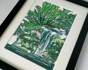 Small Tropical Art Print, 8.5x11 Small Wall Art Fall Décor, Original Linocut Print Reproduction, Tropical Waterfall Landscape Scene Artwork