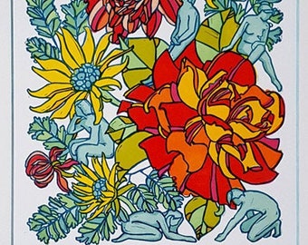 Origineel ingelijste kunstwerken, oranje en blauwgroen bloemen linosnedeprint, ingelijste slaapkamer muur kunst print, kleurrijke botanische woonkamer muurkunst