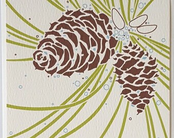 Pine Cone Nature Holiday Card, Pine Tree Winter Greeting Card, Nature Christmas Card Set, Winter Plant Holiday Card Pack, Art Christmas Card