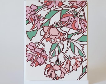 Conjunto de cartões com xilogravura de flor de cerejeira rosa: Cartões de arte feitos à mão