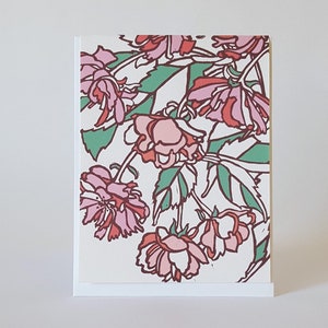 Carte de voeux rose de fleurs de cerisier, jeu de cartes de correspondance vierges de linogravure de fleur de printemps. Cartes de correspondance vierges beaux-arts. Coffret nature fait main