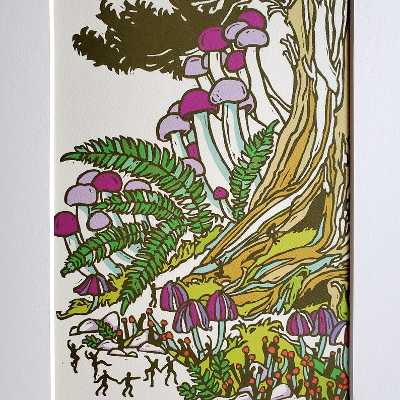 May include: A whimsical illustration of a forest scene with a large tree trunk and a cluster of purple and pink mushrooms growing around it. The mushrooms are surrounded by green ferns and leaves.