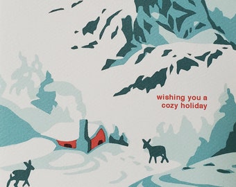 May include: A festive winter illustration featuring a red cabin, snowy mountains, and deer silhouettes. The text "wishing you a cozy holiday" is in red. The color scheme includes white, teal, and red.