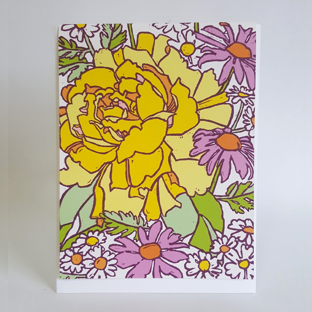 Yellow Rose Botanical Note Cards, Linocut Floral Greeting Cards, Blank ...